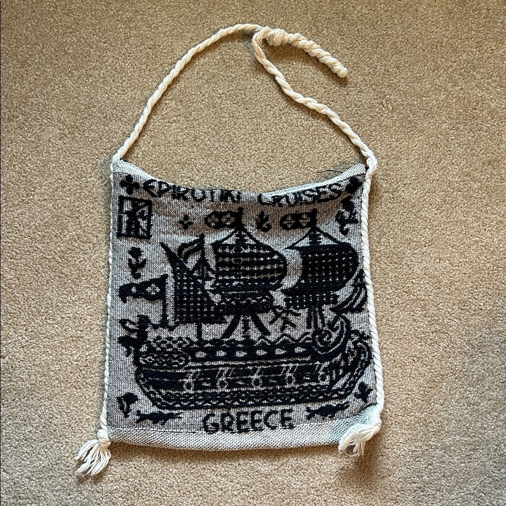 Greece Nautical Ship Woven Shoulder Bag in Black and Cream